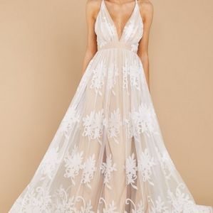 EVER AFTER White Lace Floor Length Nude Slit Dress
